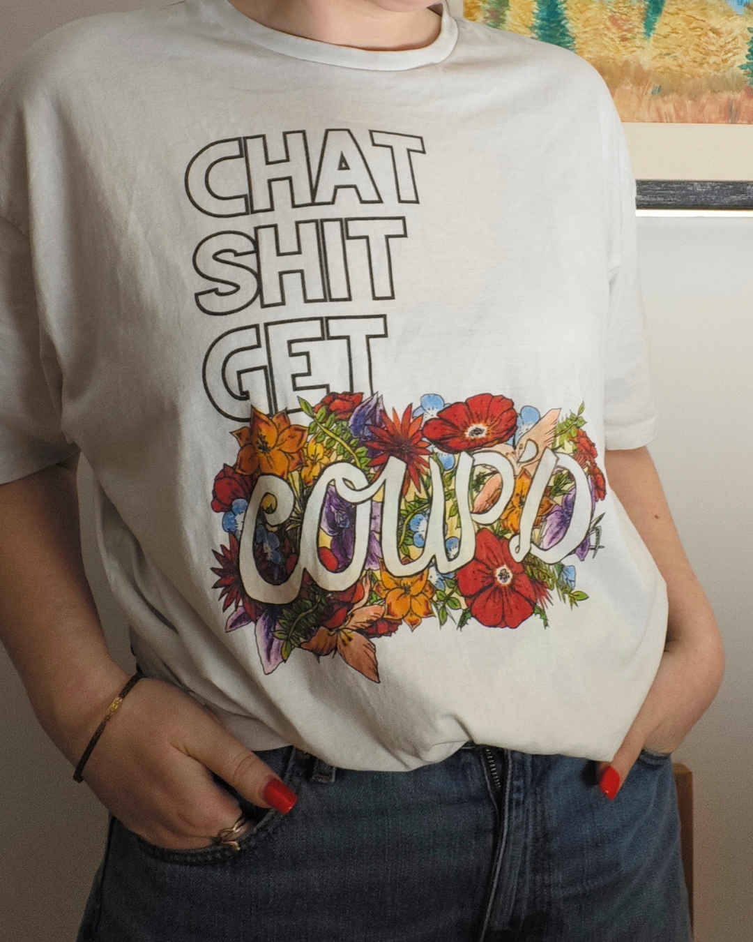 Chat Sh** Get Coup'd - White/Tan Tee